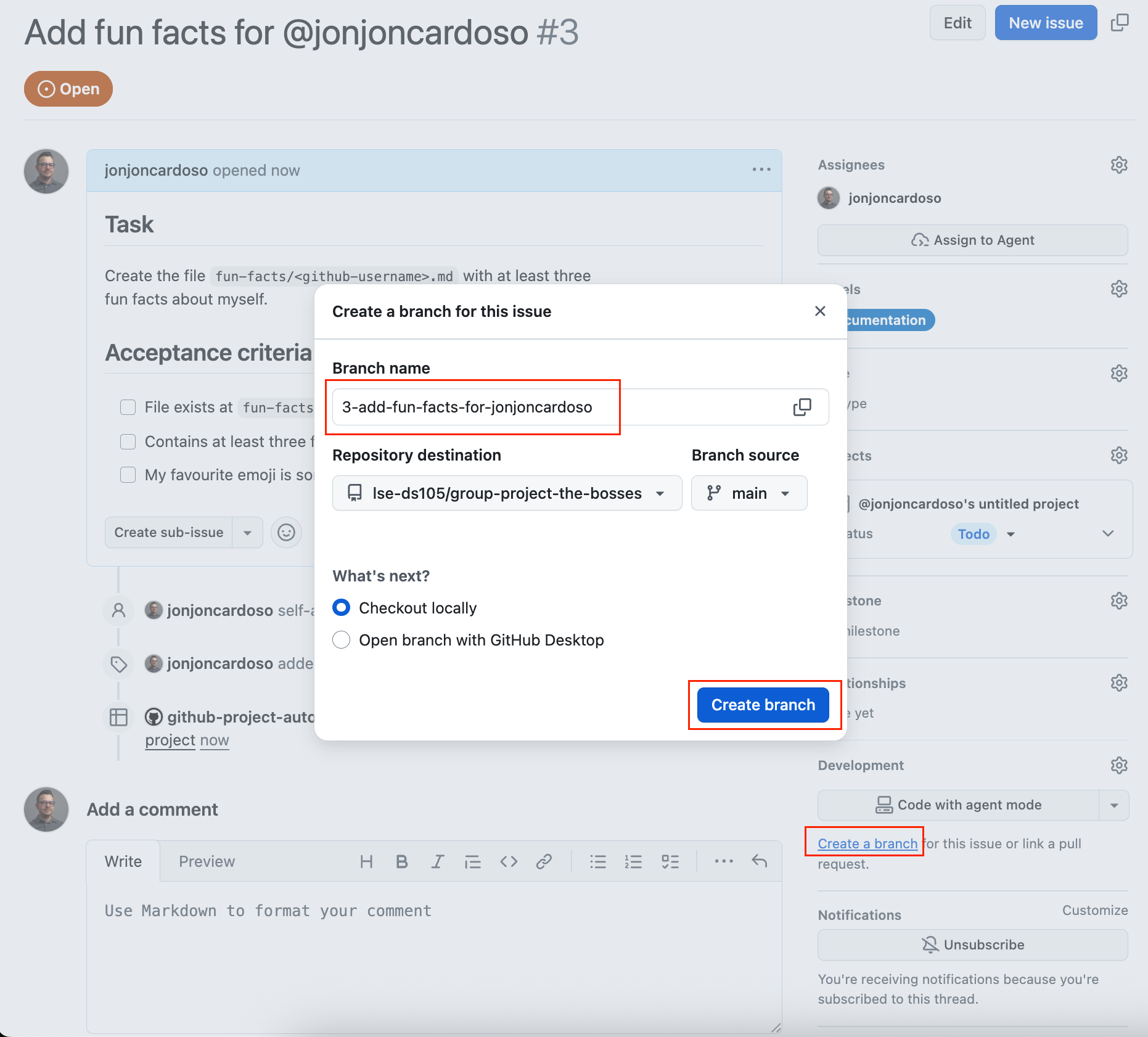Screenshot of the GitHub 'Create a branch for this issue' dialog. The branch name is '3-add-fun-facts-for-jonjoncardoso' and the 'Checkout locally' option is selected.