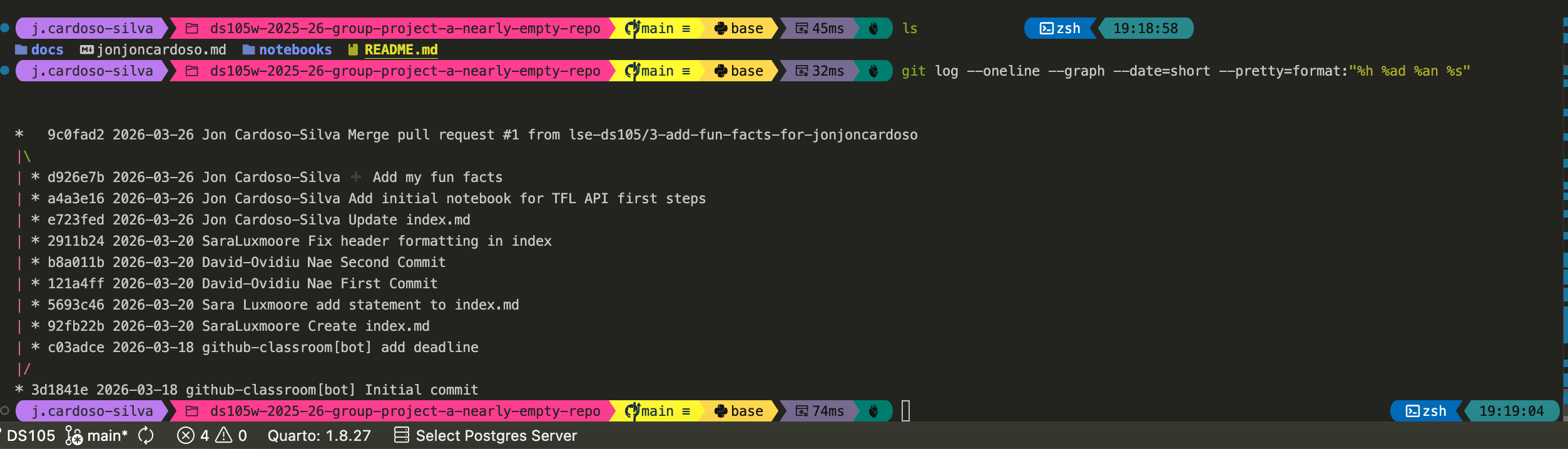 Screenshot of a git log with --oneline --graph. It shows a main branch with two merged branches, each with commits from different authors.