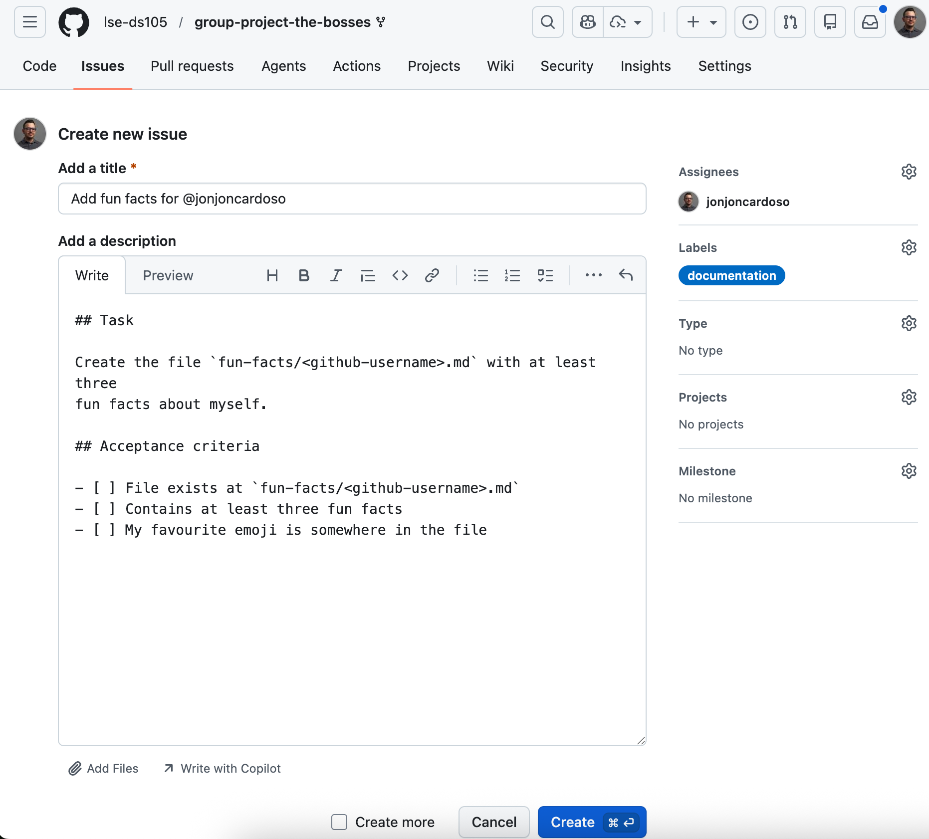 Screenshot of the GitHub 'Create new issue' page. The title reads 'Add fun facts for @jonjoncardoso' and the description contains the task and acceptance criteria.