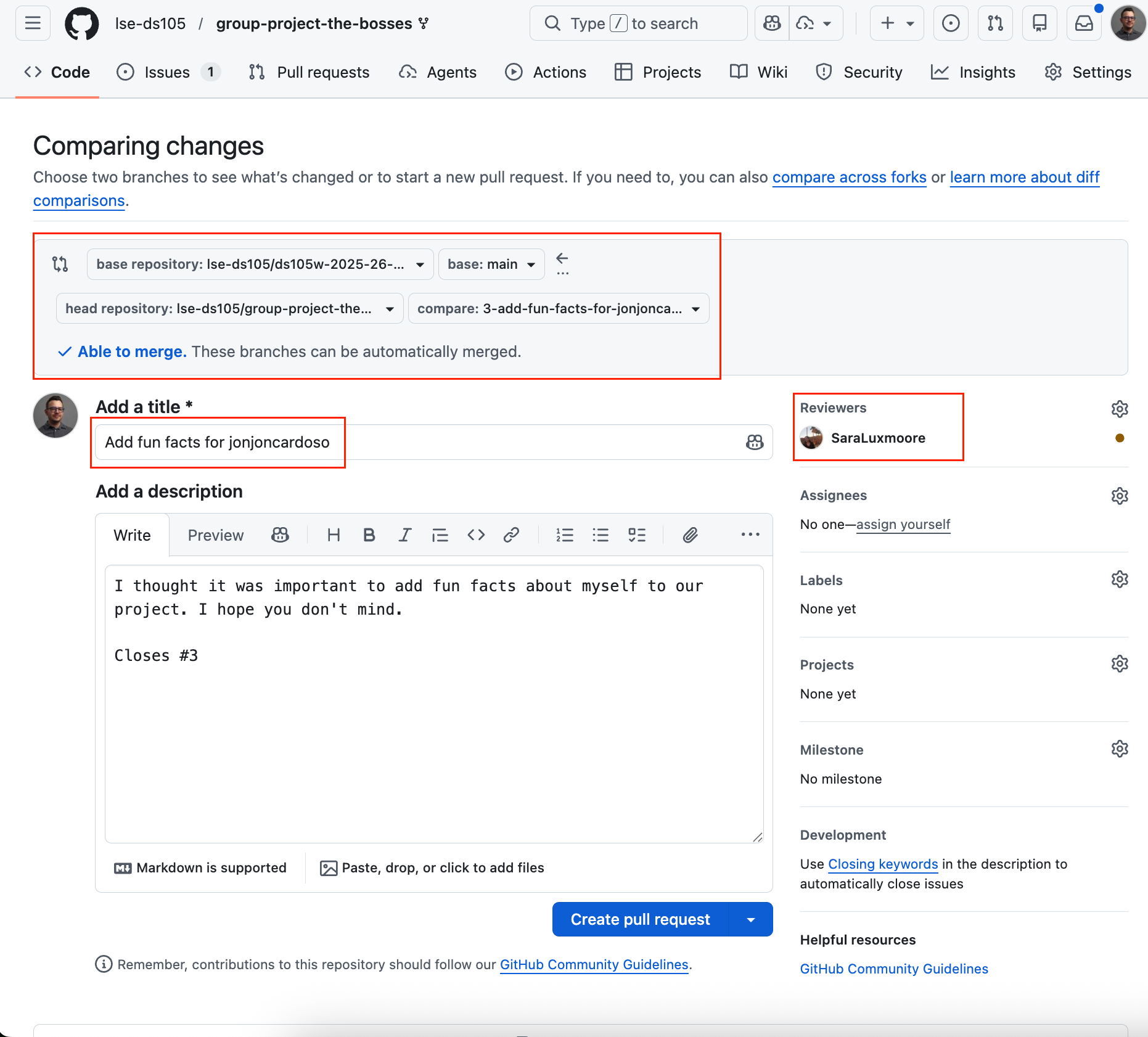 Screenshot of a GitHub Pull Request. The title is 'Add fun facts for jonjoncardoso' and the description explains the change and includes 'Closes #2'. A teammate has left a comment approving the change.