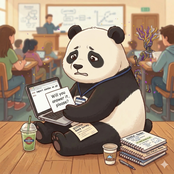 A polite panda holding a survey form, looking hopeful