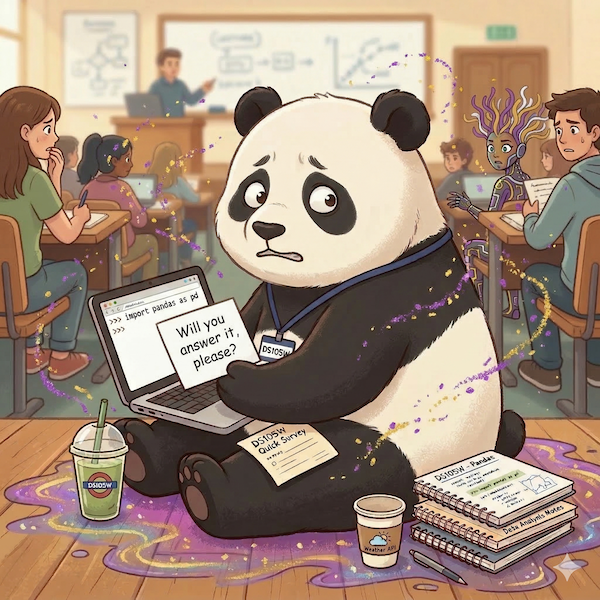 A polite panda holding a survey form, looking hopeful