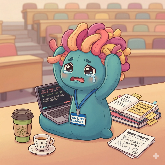 A distressed DS205 avatar desperately holding a survey form